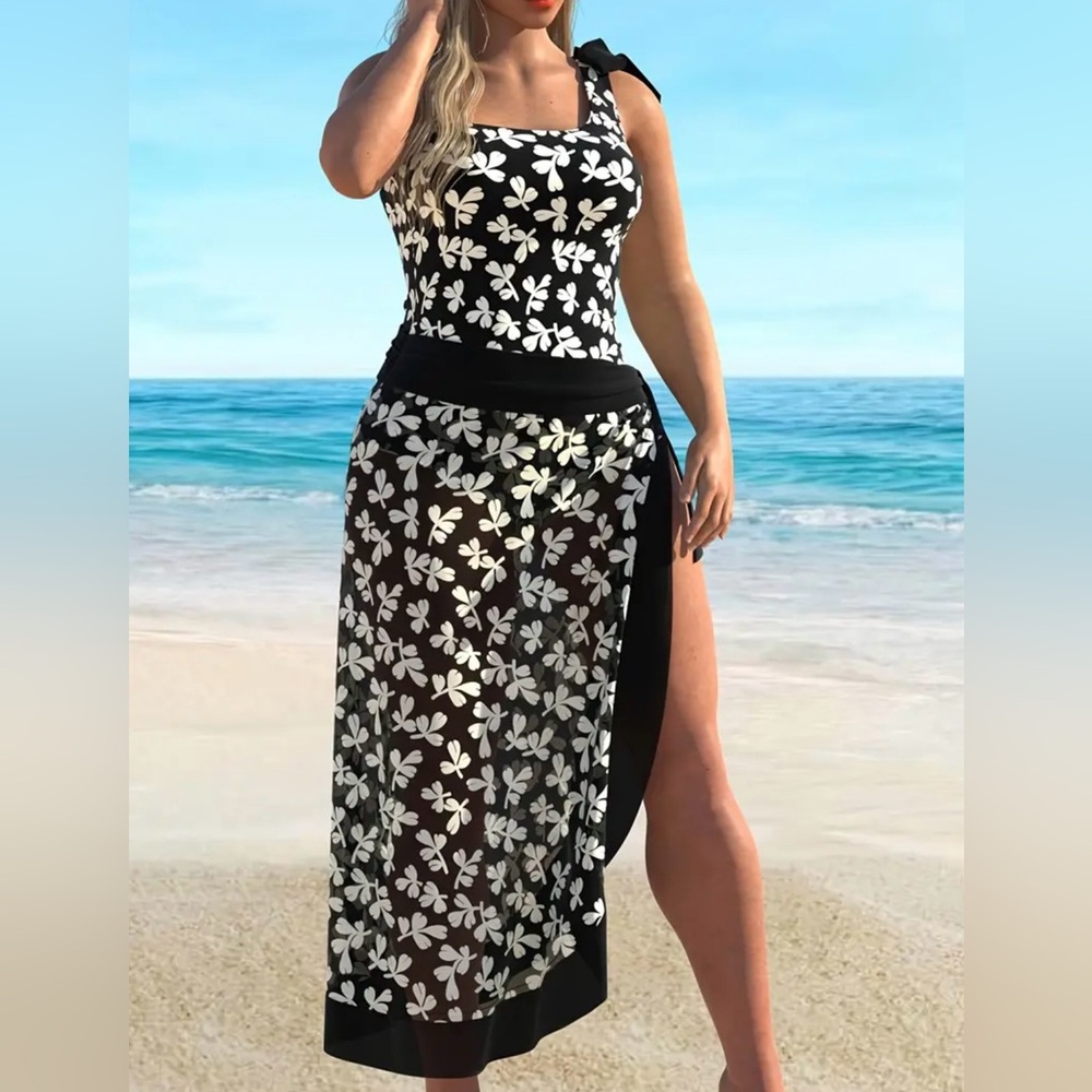 NEW Swimsuit and Sarong Set, floral black -#SW-SAR-0005